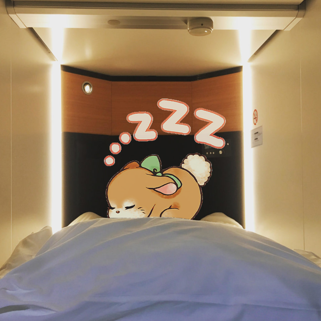 Sleeping in a capsule hotel, graphic by Daniele Frau. Bunny cartoon character ref: Bunny Kawaii Bow Anime Cute Strawberry Sweets Cute Line Sticker, Number, Face Transparent Png
